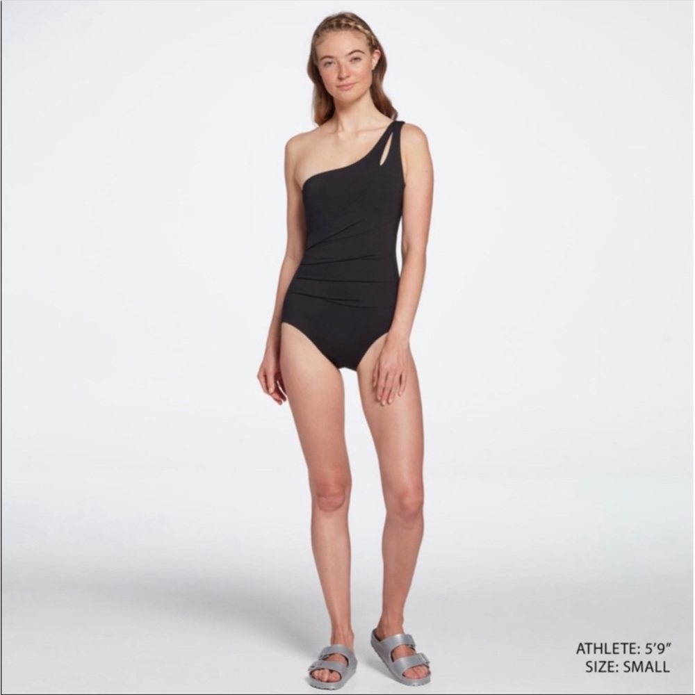 NWT Calia Power Sculpt Shape wear Swimsuit Womens Size 4 Black One Shoulder